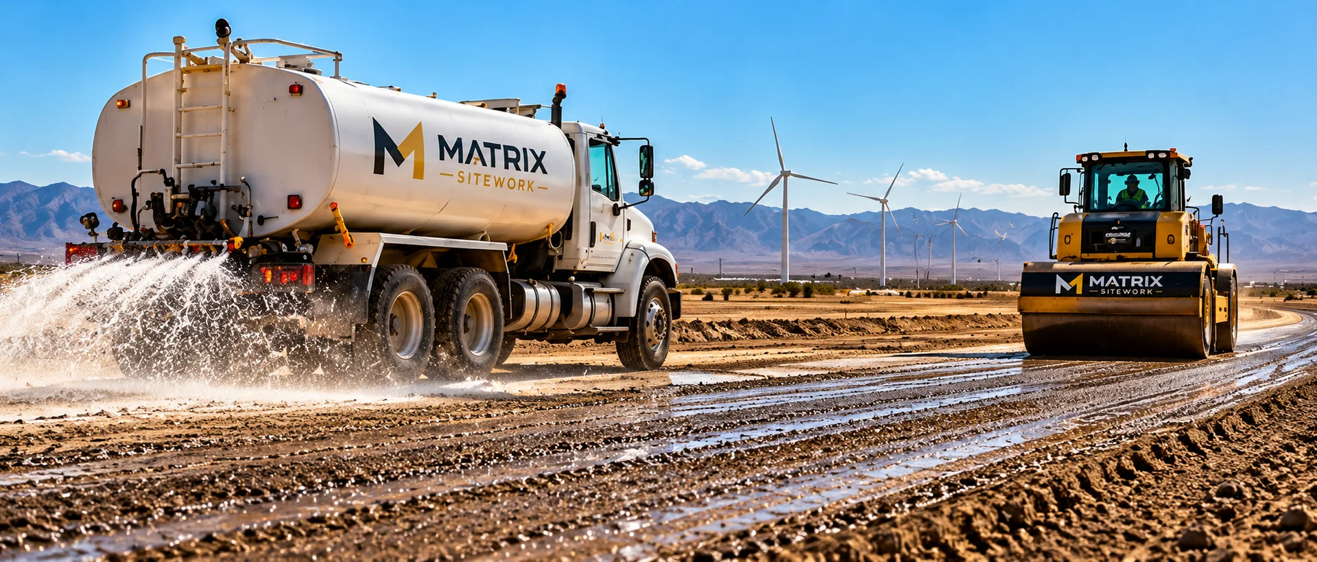 Water truck and roller preparing a site road