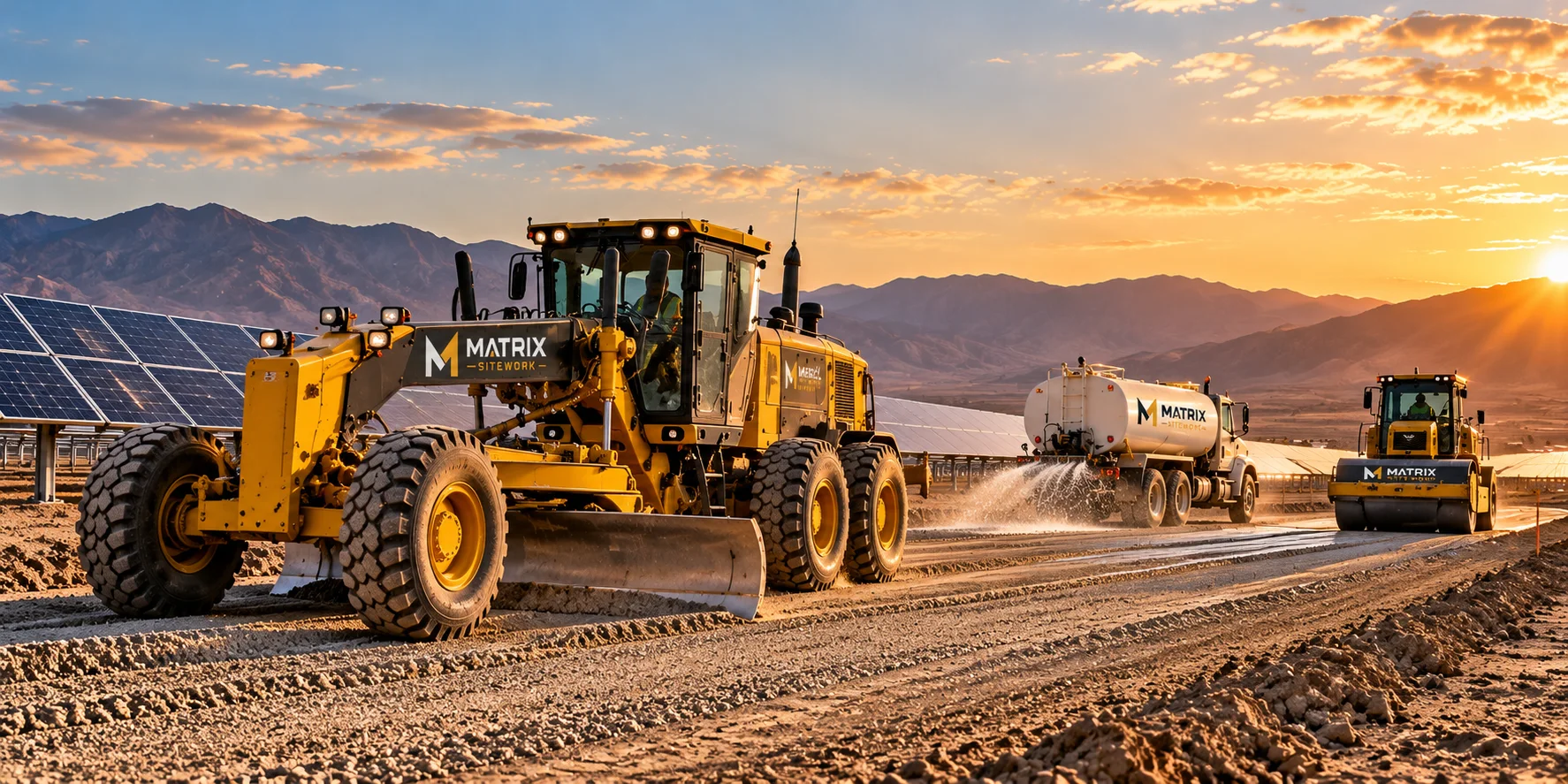 Earthmoving equipment working beside solar panels